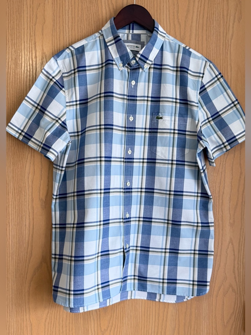 Lacoste | Men’s Large | Blue White Plaid Slim Fit Cotton | Short Sleeve Shirt